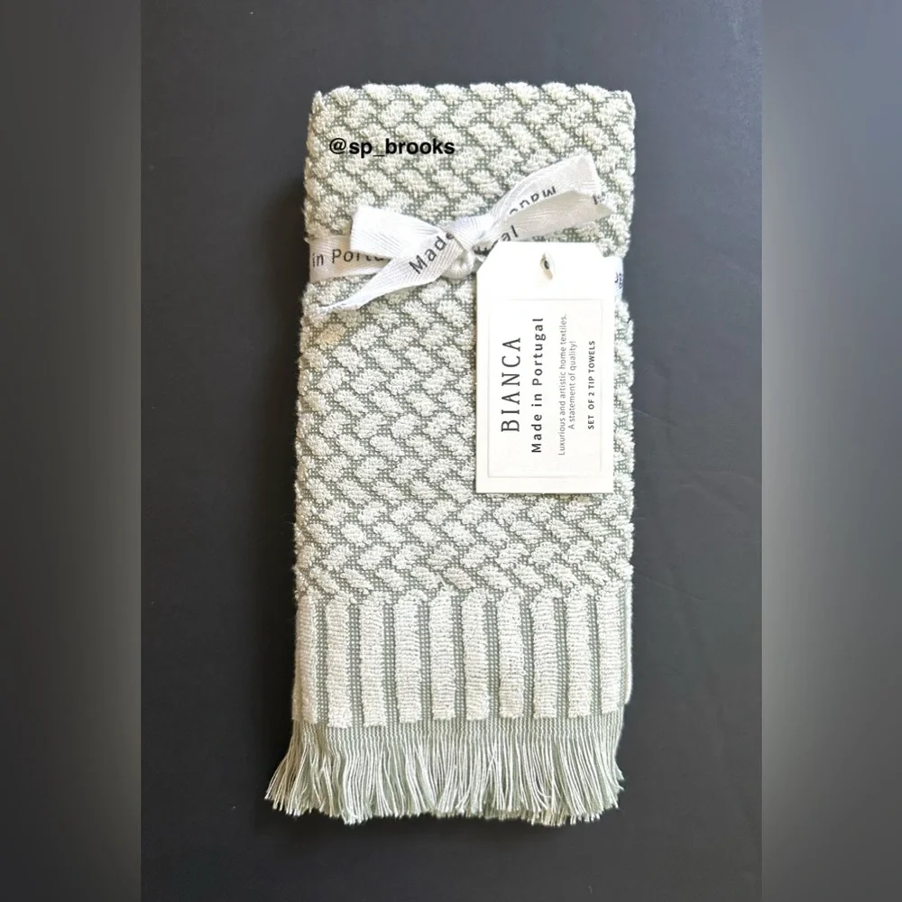 🎁6PC BIANCA Bath Towel Set - Cotton Textured Woven & Terry - Green & Cream